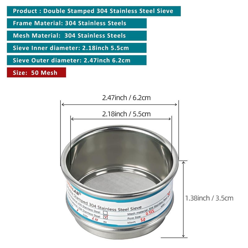 LVDALAB Full 304 Stainless Steel Mesh Sieve Screen, 50 Mesh (0.355mm) Aperture, 2.4inch(6CM) Dia Standard Sample Analysis Test Sieves Sifters Strainer for Industrial Laboratory Homes - Image 2